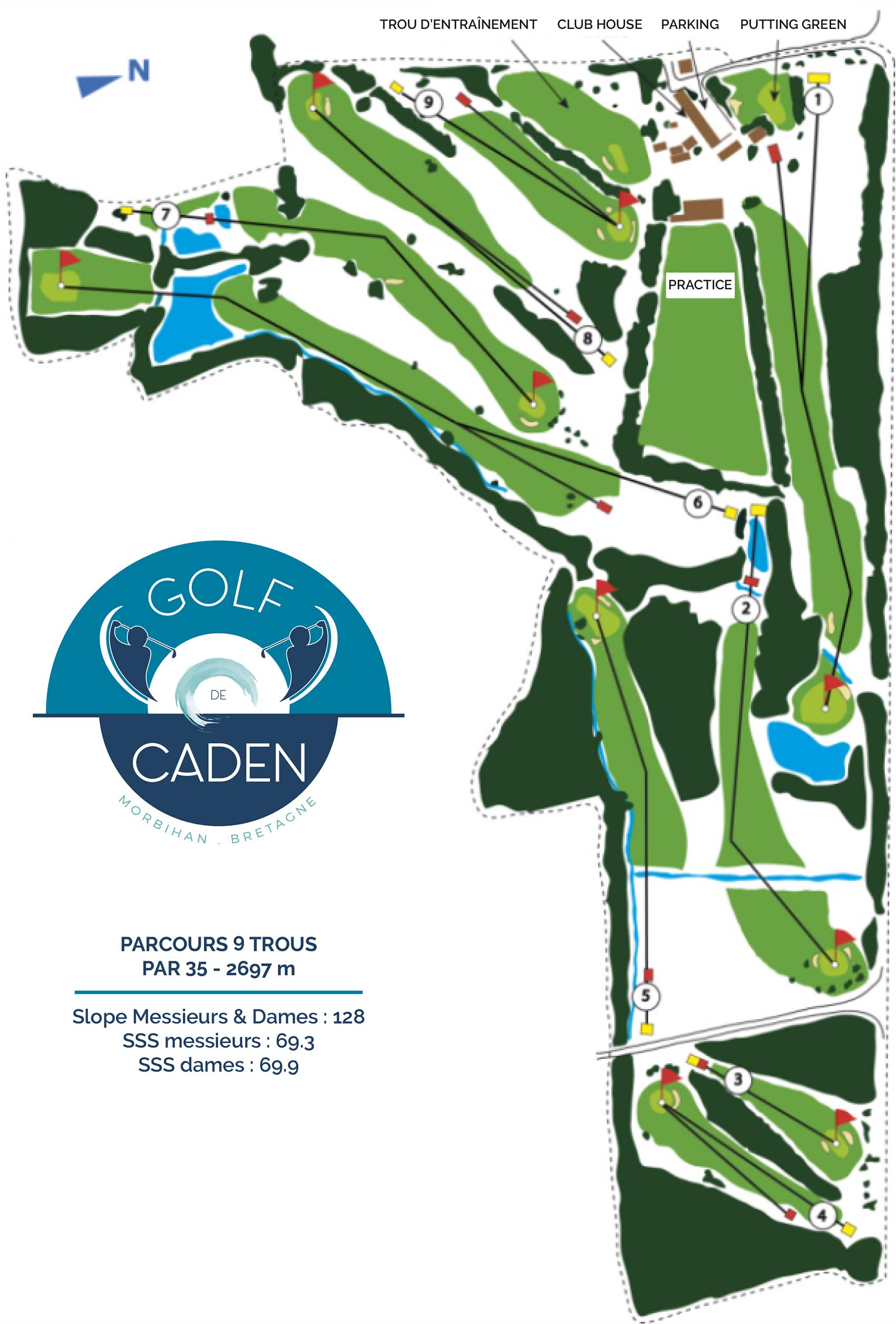 Plan du golf de Caden, 9 trous dans le Morbihan
